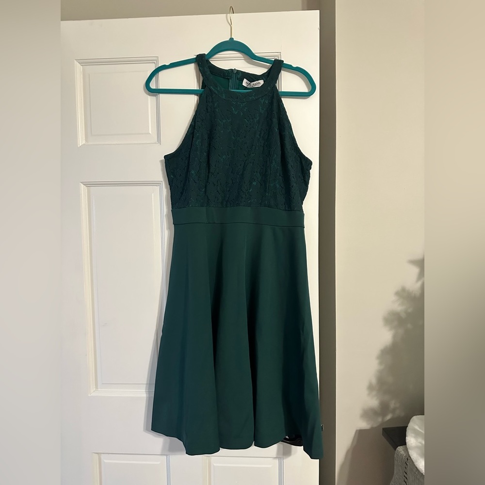 Kate Kasin green halter swing dress with lace accents